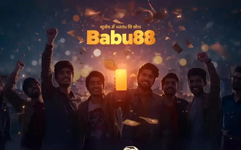 "Young people celebrating with a smartphone in front of Dhaka city background, with confetti, glowing screen, money, and casino cues. Overlay text ‘babu88 বাজি’."