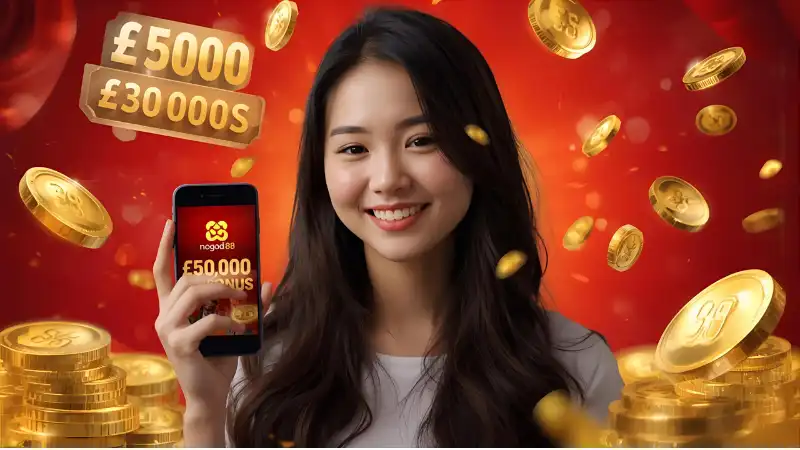 Excited gamer using nogod 88 app on mobile, winning ৳50,000 Mega Bonus instantly.
